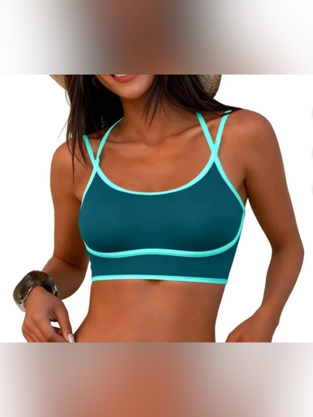NWT Athletic Teal Contrast-Trim Swim Sports Bra
